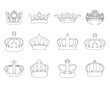 Black illustrations of different crowns on white background