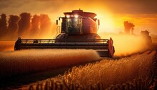 Rye Field Harvesting At Sunrise - Combine Harvester In Action. Generative Ai Illustration