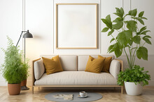 Modern Living Room With Brown Poster Frame. Illustration, Square Wooden Frame Mockup With Sofa And Green Plants On White Wall In Living Room. Generative AI