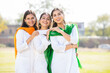 © GAJENDRRA BHATI  - Indian Independence day or Republic day concept. Three happy young beautiful woman wearing traditional white dress standing at park looking at camera.