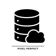 Sticker - Cloud database black glyph icon. Computing technology of dataset processing. Online server facility. Silhouette symbol on white space. Solid pictogram. Vector isolated illustration