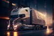 Zukunft des autonomen Frachttransports, AV - Lastwagen, generative KI, LKW, Lastkraftwagen ihm Hintergrund mehre Hochhäuser mit blauer Beleuchtung