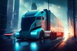 Zukunft des autonomen Frachttransports, AV - Lastwagen, generative KI, LKW, Lastkraftwagen ihm Hintergrund mehre Hochhäuser mit blauer Beleuchtung