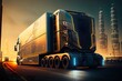 Zukunft des autonomen Frachttransports, AV - Lastwagen, generative KI, LKW, Lastkraftwagen ihm Hintergrund windkraftanlagen und dunkle Wolken