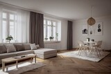 Fototapeta  - Stylish scandinavian living room with design mint sofa, furnitures, mock up poster map, plants and elegant personal accessories. Modern home decor. Bright and sunny room. Generative AI illustration.