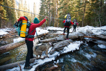 Three Backpackers And A Dog Cross A Creek By Way Of A Snow Covered Log Jam.