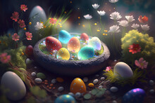 Colorful Easter Eggs Nestled Among Beautiful Flowerbeds - Generative Ai