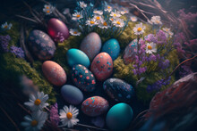 Colorful Easter Eggs Nestled Among Beautiful Flowerbeds - Generative Ai