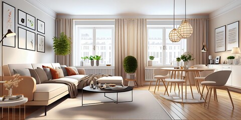 Stylish scandinavian living room with design mint sofa, furnitures, mock up poster map, plants and elegant personal accessories. Modern home decor. Bright and sunny room. Generative AI illustration.