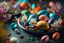 Beautiful Colorful Nest Filled With Easter Eggs Surrounded By Sublime Flowerbeds - Generative Ai