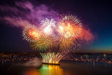 Firework Display During Celebration Of Light At English Bay, Vancouver, British Columbia, Canada