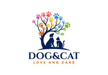 Logo Illustration Of Dog And Cat Under The Tree.