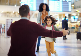 Poster - Happy child running to father at airport for welcome home travel and reunion, immigration or international opportunity. Interracial family, dad and girl kid run for hug excited to see papa in lobby