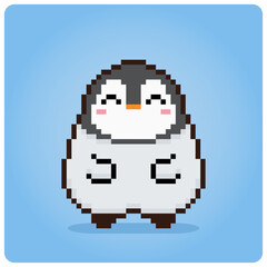 Wall Mural - 8 bit pixels, fat baby penguin. Animals for game assets in vector illustration.