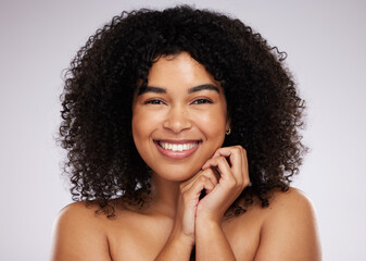 Sticker - Portrait, beauty and hair with a model black woman in studio on a gray background for natural afro treatment. Face, skincare and haircare with an attractive young female posing to promote cosmetics