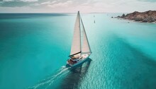 Turquoise Sea And Aerial Drone Captured Beautiful Sailboat In Motion Wallpaper Background. Generative Ai Illustration