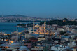 Top view of Istanbul with New Mosque and Rustem Pasha Mosque in the evening. Istanbul, Turkey