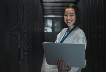 Leinwandbilder - Woman with laptop, server room and information technology, smile in portrait with engineer and datacenter Software update, cybersecurity and network with Asian female setting up firewall and database