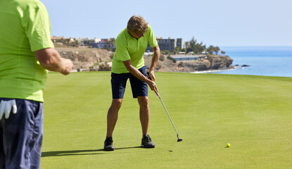 Wall Mural - Golfer on the green with a putter in hand. The player on the green hits the ball towards the hole.