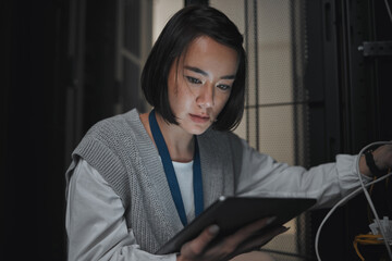 Leinwandbilder - Tablet, server room and communication with a programmer asian woman at work on a computer mainframe. Software, database and information technology with a female coder working alone on a cyber network