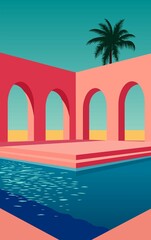 Poster - tropical house with palm trees