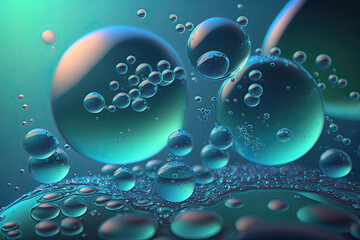 Wall Mural - Blue transparent water bubbles molecules and atoms. Generative Ai