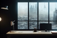 A Desk With A Computer And A Lamp On It In A Room With A Large Window Overlooking A Cityscape And A Large Window With A View Of Skyscrapers In The Distance,.  Ai. Generative AI