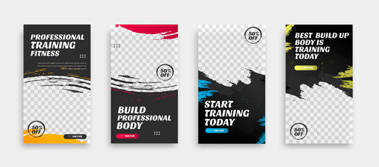 Wall Mural - post and story fitness training social media template. social banner for promotion your product. banner square background illustration