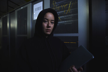 Leinwandbilder - Server, hacker and database with portrait of woman for coding, software and cyber security. Ransomware, phishing and developer with girl programmer at night for programming, network and digital crime