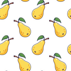 Wall Mural - Cute yellow Pear seamless pattern in doodle style.. Vector hand drawn cartoon Pear illustration. Hand drawn Sketch of Pear. Pattern for kids clothes.