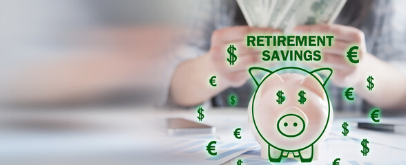 Poster - Concept of Retirement Savings. Piggy bank with a currency symbols