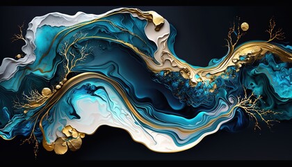 Wall Mural - Abstract background, liquid painting, ink, oil mixture of bright turquoise, blue and gold colors. High-resolution marble texture background. AI