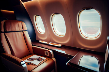 Luxury interior in the modern business jet and sunlight at the window/sky and clouds through the porthole. Generative Ai.