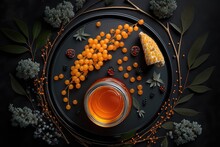 Viburnum Berries And Sea Buckthorn With Honey , Top View On A Black Background. Food Background. Healthy Food Concept. Healthy Diet. AI