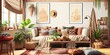 © Interior Stock Photo - Stylish scandinavian living room with design mint sofa, furnitures, mock up poster map, plants and elegant personal accessories. Modern home decor. Bright and sunny room. Generative AI illustration.