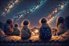Kids Sitting On Roof At Night Little Boy And Girl Looks At Stars On Sky By Generative AI