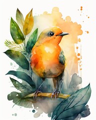 Poster - Orange cute bird, in tropical jungle