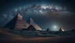 Night view of the pyramids of Giza and the Milky Way. Generative AI