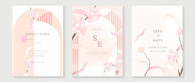 Luxury Wedding Invitation Card Background Vector. Elegant Watercolor Botanical Pastel Pink Beige Theme Wildflowers And Striped Texture. Design Illustration For Wedding And Vip Cover Template, Banner.