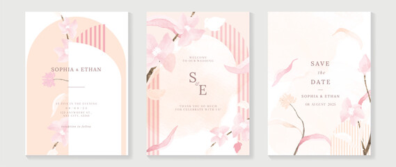 Wall Mural - Luxury wedding invitation card background vector. Elegant watercolor botanical pastel pink beige theme wildflowers and striped texture. Design illustration for wedding and vip cover template, banner.