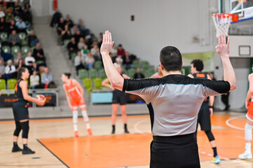 Wall Mural - Woman referee keeps the ball before basketball match. In the background greeting the players.