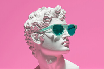 Wall Mural - Gypsum statue head in sunglasses on a pink background illustration