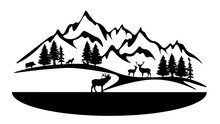 Black Silhouette Of Wild Forest Animals Mountains And Forest Fir Trees Camping Landscape Panorama Illustration Icon Vector For Logo, Isolated On White Background