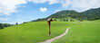 Hiking path Hochkreuth, with wayside cross, green pasture and mountain view