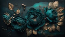 Generative AI, Close Up Of Blooming Flowerbeds Of Amazing Teal Flowers On Dark Moody Floral Textured Background. Photorealistic Effect.	

