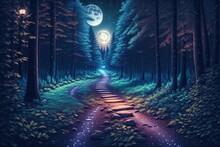 A Path In The Woods With A Full Moon In The Background At Night Time With Trees And Bushes On Either Side Of The Path By Generative AI