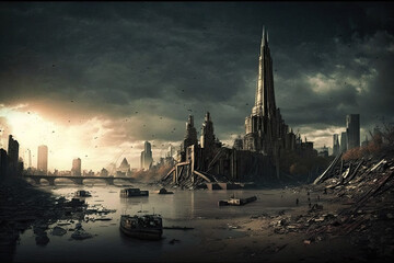 Canvas Print - Apocalyptic view of destroyed world, post apocalypse after world war, Generative AI.