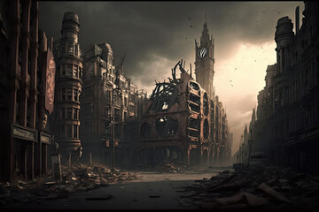 Canvas Print - Apocalyptic view of destroyed world, post apocalypse after world war, Generative AI.