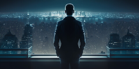  A businessman stands in front of city, confidently holding his pockets in preparation for success. Ready to take on the challenge and reach his goals and vision. generative ai