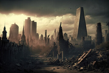 Canvas Print - Apocalyptic view of destroyed world, post apocalypse after world war, Generative AI.